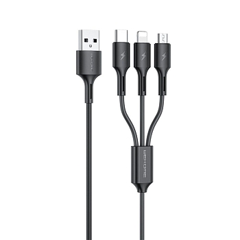 USB кабель WK Upine WDC-137th Lightning 8-pin/MicroUSB/Type-C, 3A, 1.2м, TPU, черный