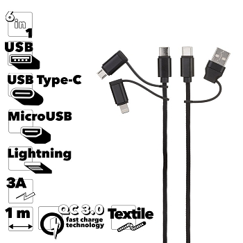 USB-C кабель "LP" 6 в 1 USB/Apple Lightning 8-pin/MicroUSB/USB-C QC 3.0/PD в текстильной оплетке, черный